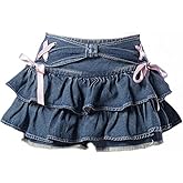 IDEWO Women's Bow Cute Jean Skirt Y2k Kawaii Low Rise Denim Skirts Vintege Aesthetic Going Out Clothes