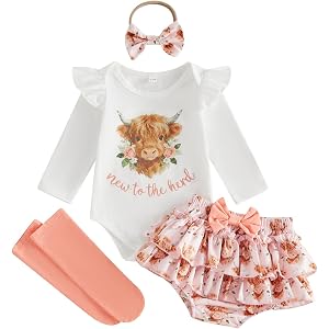 Ysfanwuxi New to the Herd Baby Girl Outfit Western Newborn Cowgirl Clothes | Highland Cow Onesie Baby Clothes,Ruffle Long Sle