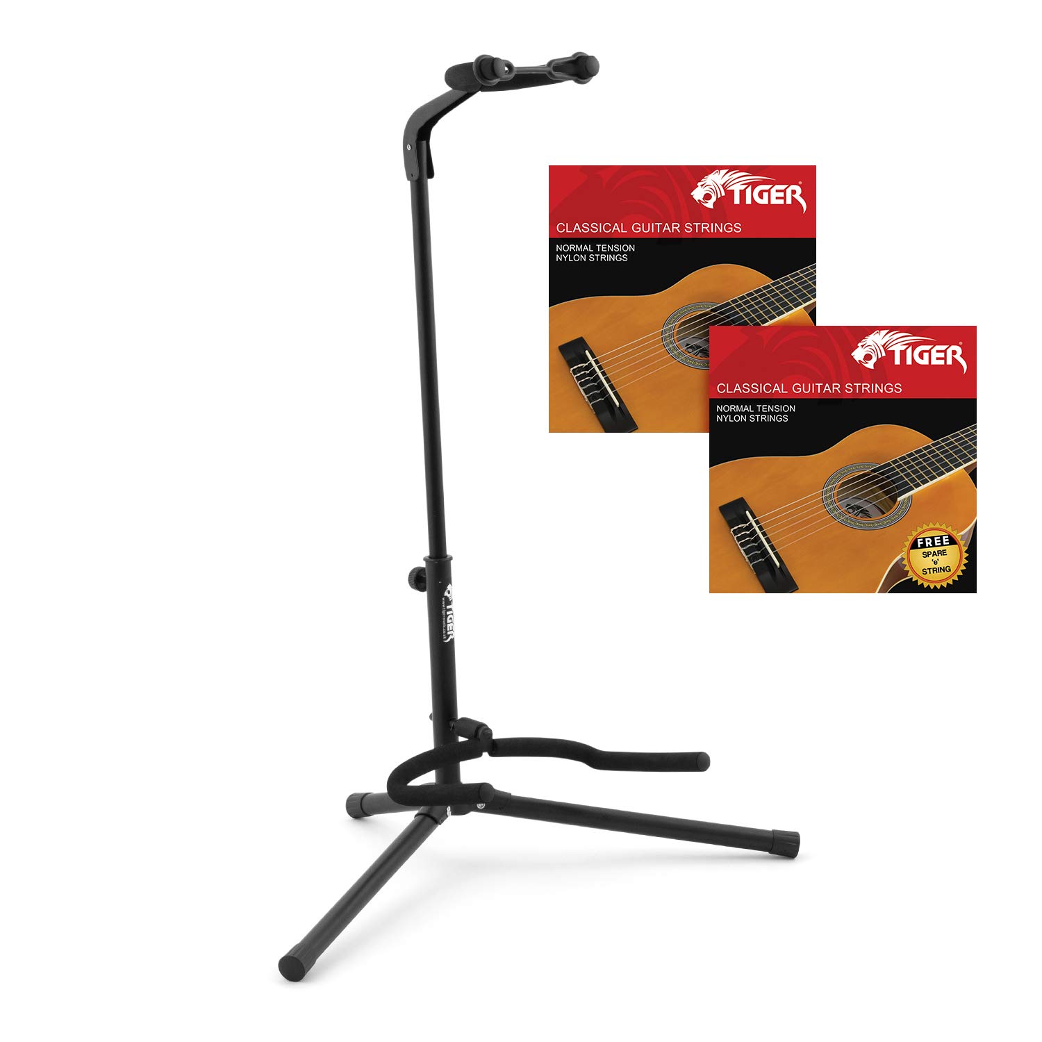 TIGER GST14-CGS Universal Guitar Stand with 2 Packs of Classical Guitar Strings - Black