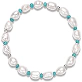 COYATE Freshwater Baroque Pearl Bracelets For Women White/Pink/Black Pearls Turquoise Beaded Stretch Bracelet 7 Inches 8mm-10mm Natural Cultured Real Pearl