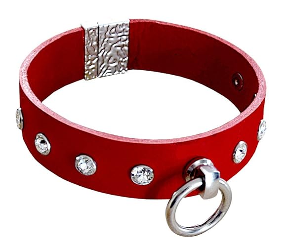 Edles BDSM Gothik Halsband Halsschmuck Lederhalsband mit O-Ring und Swarovski Kristallen / Magnetverschluss / Größe: Maßanfer