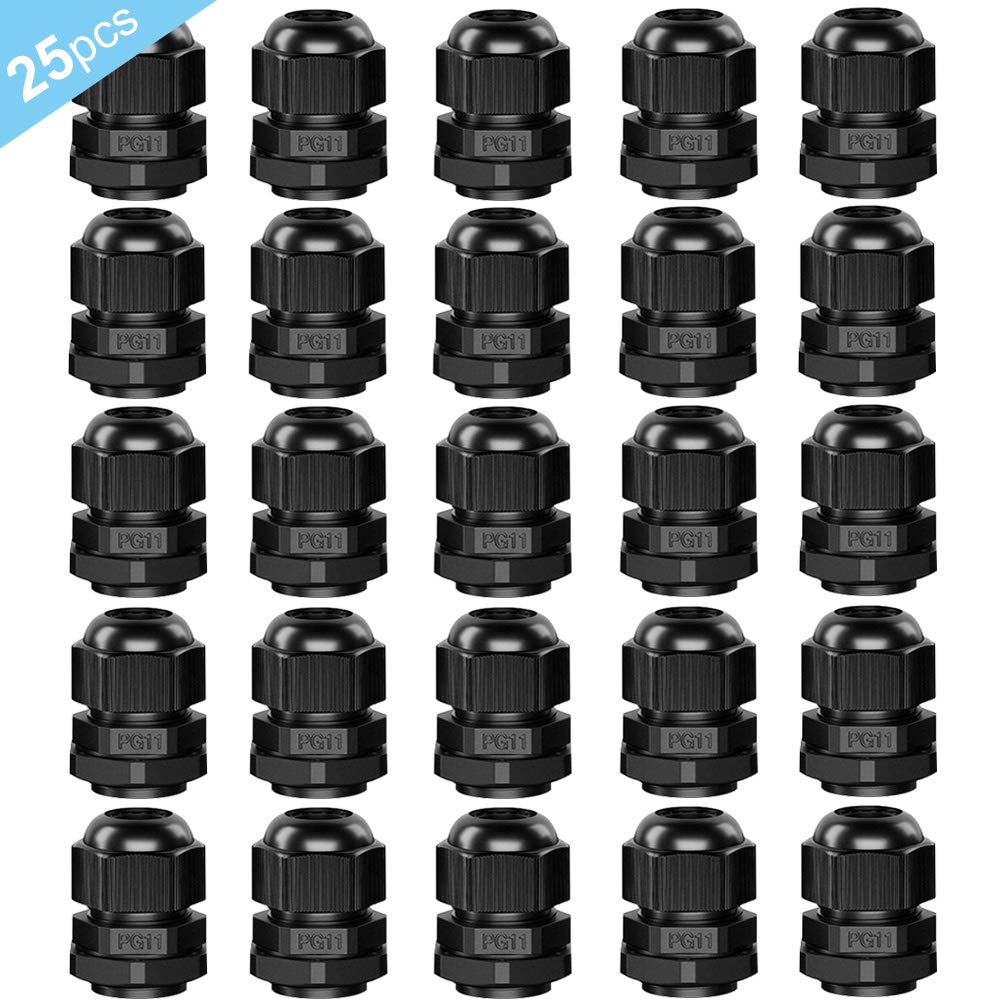 QitinDasen 25Pcs Premium Nylon PA66 PG11 Cable Gland, 5-10mm Adjustable IP68 Waterproof Cable Glands Joints, Black