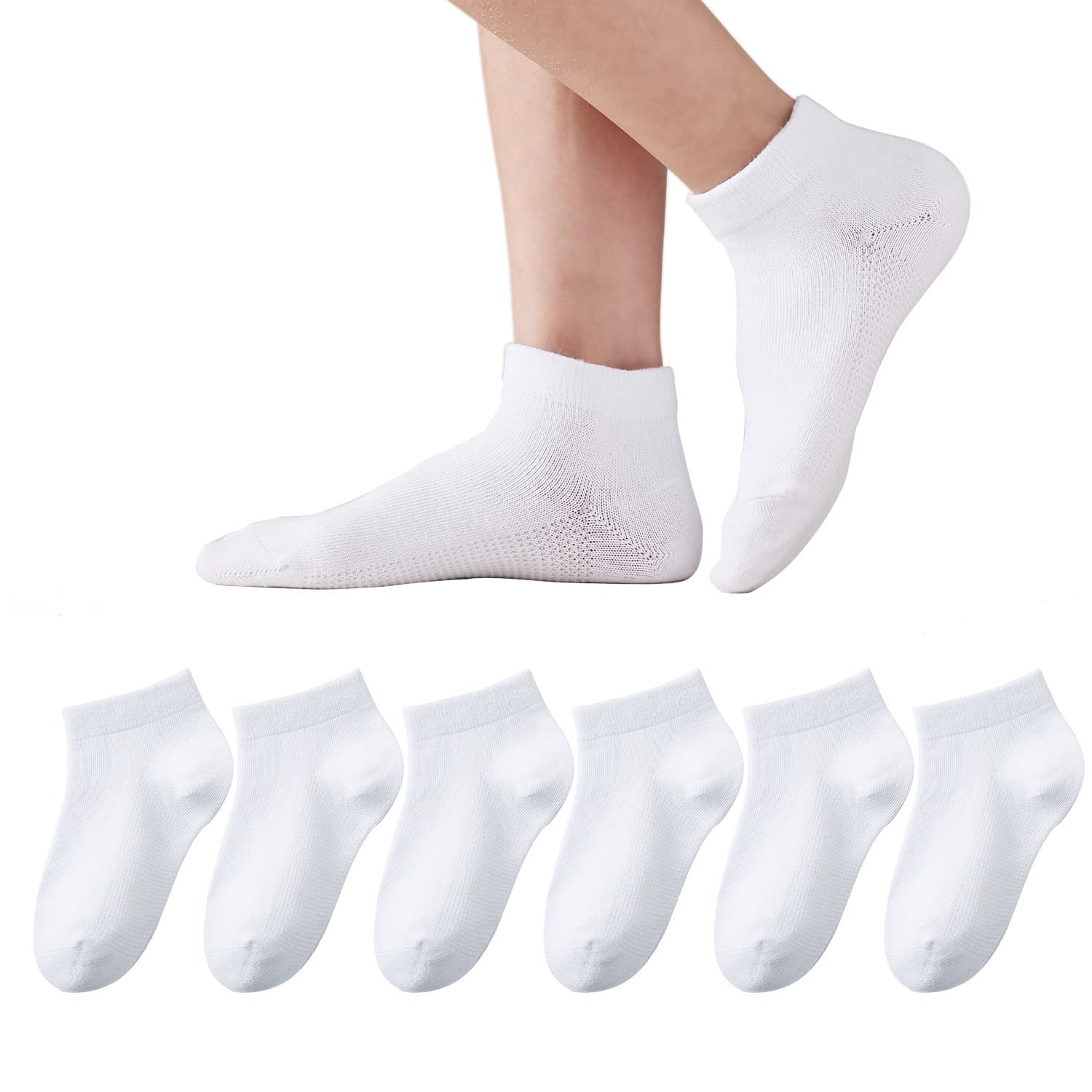 Photo 1 of EPEIUS Kids Ankle Socks Girls Seamless Low Cut No Show Socks Cotton Thin Athletic Socks for Boys 8-11 Years White 6 Pack L