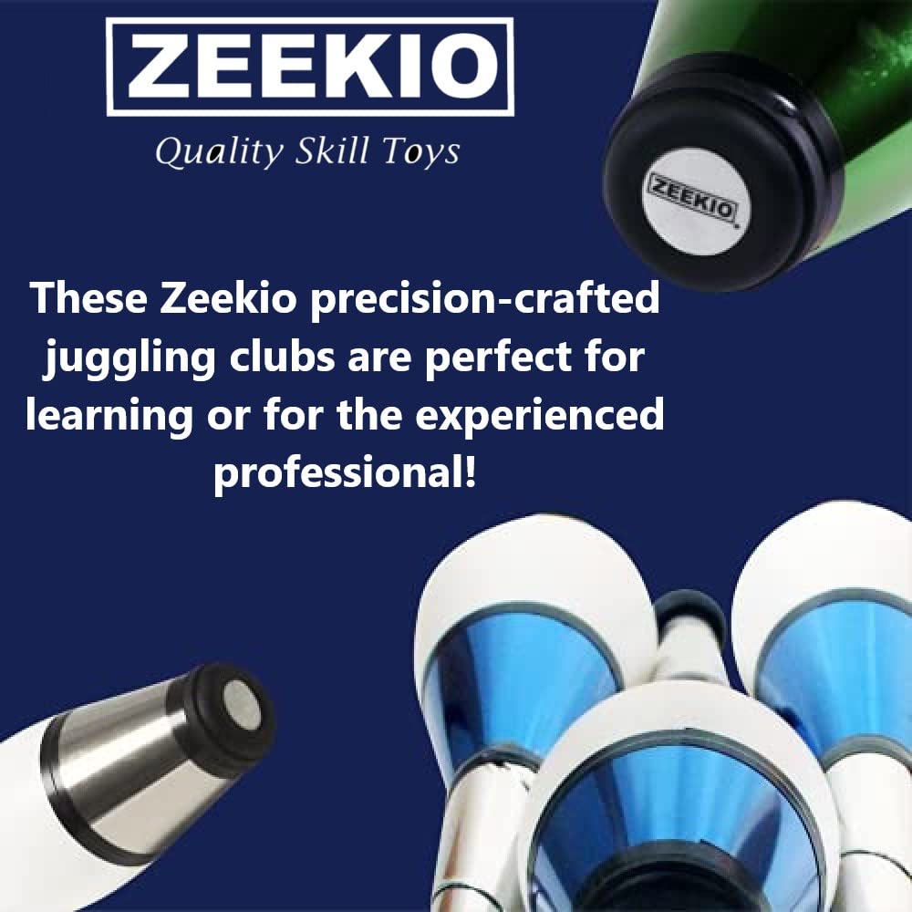 Zeekio - Pegasus Juggling Club Set - Premium Quality - for Beginners, All Levels - Multi-Piece Durable Design - Scuff Resistant - Rubber Knob & Cap - 20.5”L - Set of 3 - Blue, Red & Silver