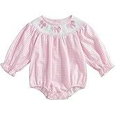 Youweixiong Newborn Infant Baby Girl Bubble Romper Bow Embroidery Plaid Puff Long Sleeve Smocked Bodysuit Cute Fall Clothes