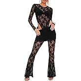 CALEBGAR Womens Sexy Lace 2 Piece Outfits Sexy Floral Lace Flare Pant Sets Bodycon See Through Mesh Sheer Rompers Clubwear
