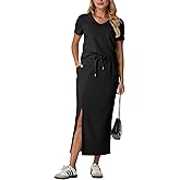 GRECERELLE Women Summer Casual 2 Piece Sets V-Neck Wrinkle-Free Top & Elastic Waist Midi Side Slit Skirt with Pockets