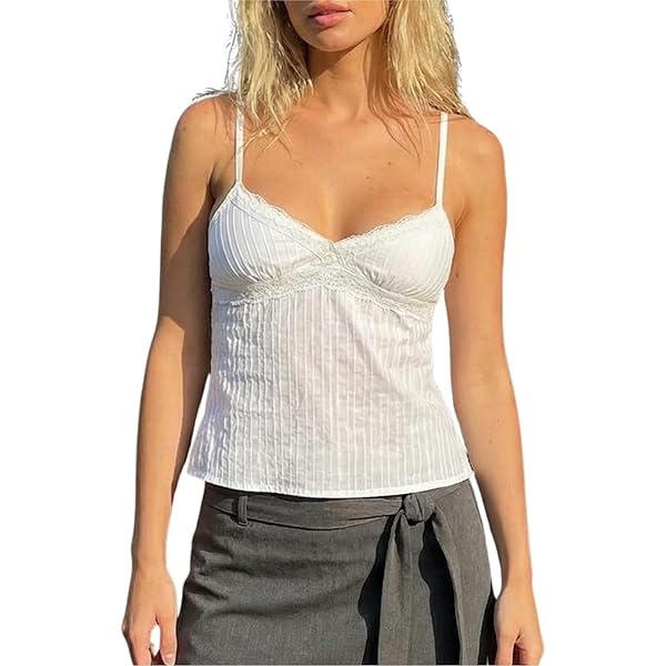 Women Sexy Y2k Frill Trim Camisole Lace V Neck Crop Top Ruffle