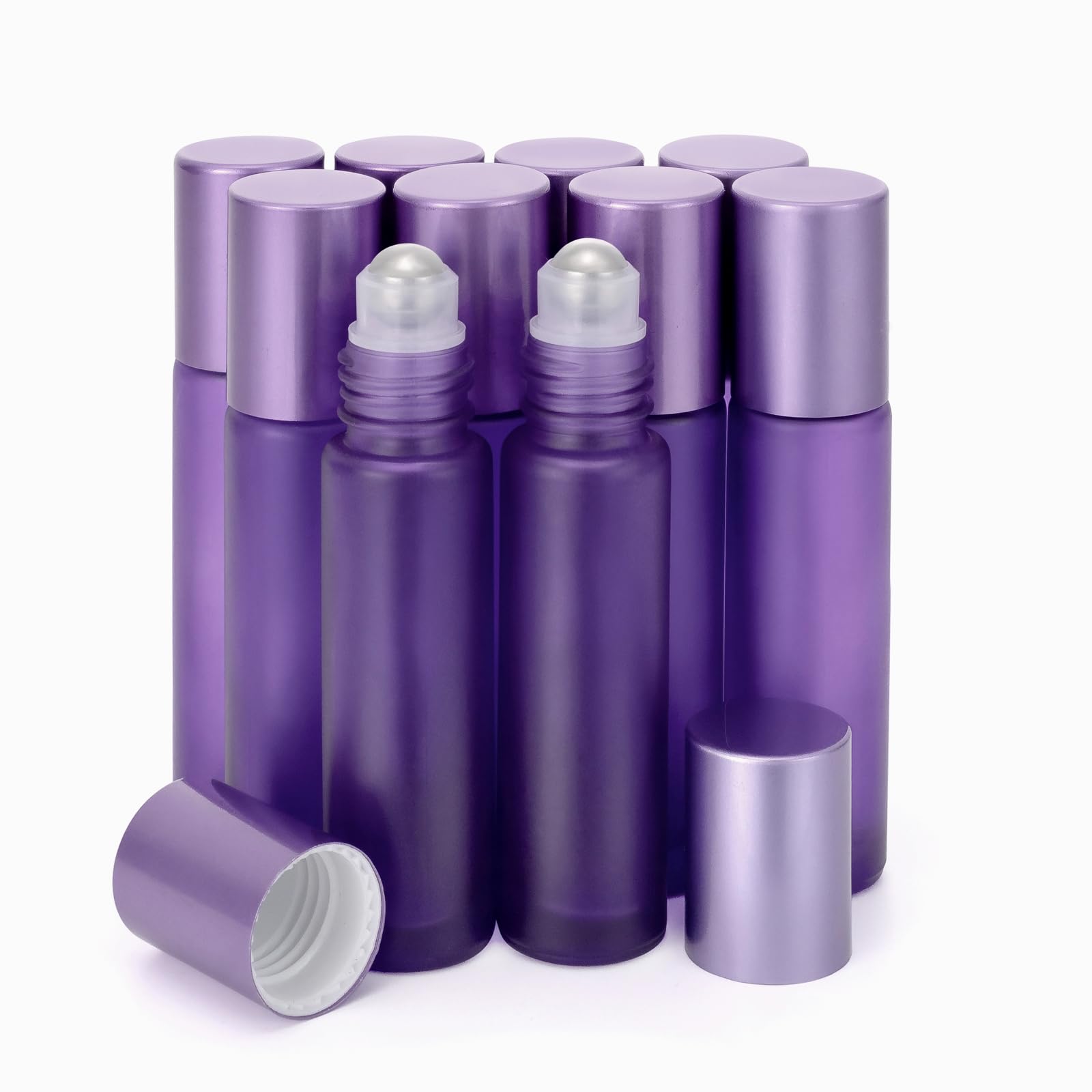 Pxyelec 10 Pack Essential Oil Roll-on Bottles with Aluminum Cap, 10ml Frosted Purple Glass Perfume Bottles Stainless Steel Roller Balls Vials for Sample Display, Perfume Oils