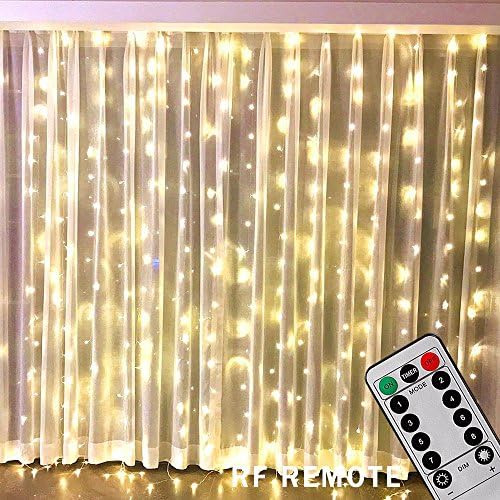 Bjour 600 LEDs Curtain Icicle Lights Christmas String Fairy Light Low-Voltage with 8 Lighting Modes RF Controller, Warm White