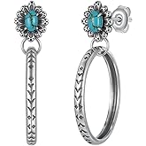Boho Genuine Natural Turquoise Hoop Earrings for Women 925 Sterling Silver Vintage Dangle Earrings with Oxidized Finish Western Chic Jewelry Gift
