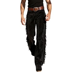 Men's Cowboy Pants Western Fringe Baggy Jeans Y2K Faux Suede Leather Vintage 70s Hippie Streetwear Trousers with Side Tassels