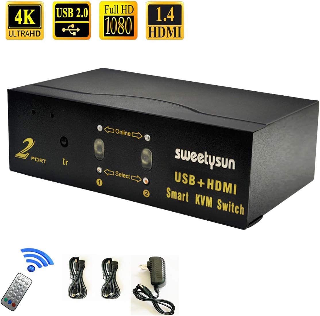 Hdmi Kvm Switch 2 Port,4k USB Kvm Switch Hdmi with 2 Pcs Kvm Cable Support Ir Remote Switching,Edid,2.0 USB Device Sharing One Keyboard and Mouse Control 2 Computers/Laptop/DVR to HDMI Monitor
