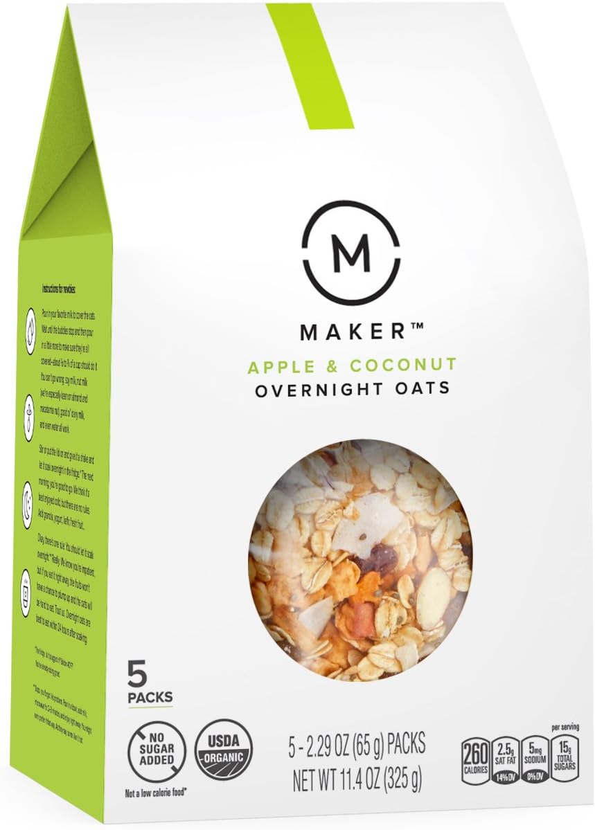 Maker Overnight Oats, Apple & Coconut, Organic, No Sugar Added, 5 Single-Serve Pouches