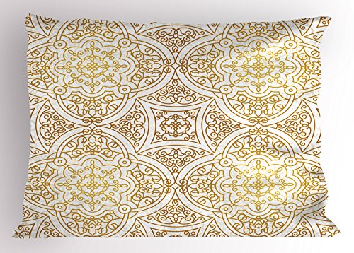 Lunarable Mandala Pillow Sham, Victorian Style Motifs Curled Classical Ethnic Oriental Tile Outline, Decorative Standard Size Printed Pillowcase, 26 X 20 inches, Ginger Yellow and White
