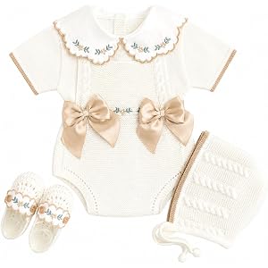 Knit Newborn Girl Beige Camel Cloth Set, Spanish outfit Coming Home Infant Knit Outfit 4 pieces