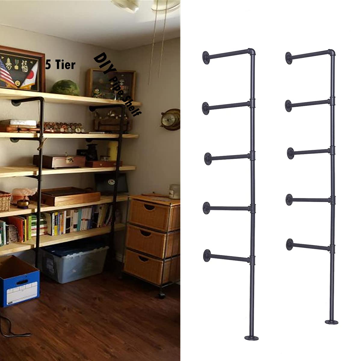 Photo 1 of (68" Tall,10"deep)Industrial Wall Mount Iron Pipe Shelf Shelves Shelving Bracket Vintage Retro Ceiling Hung shelf Black DIY Open Bookshelf Storage offcie Room Kitchen (2PcsX5Tier,Hardware Only)