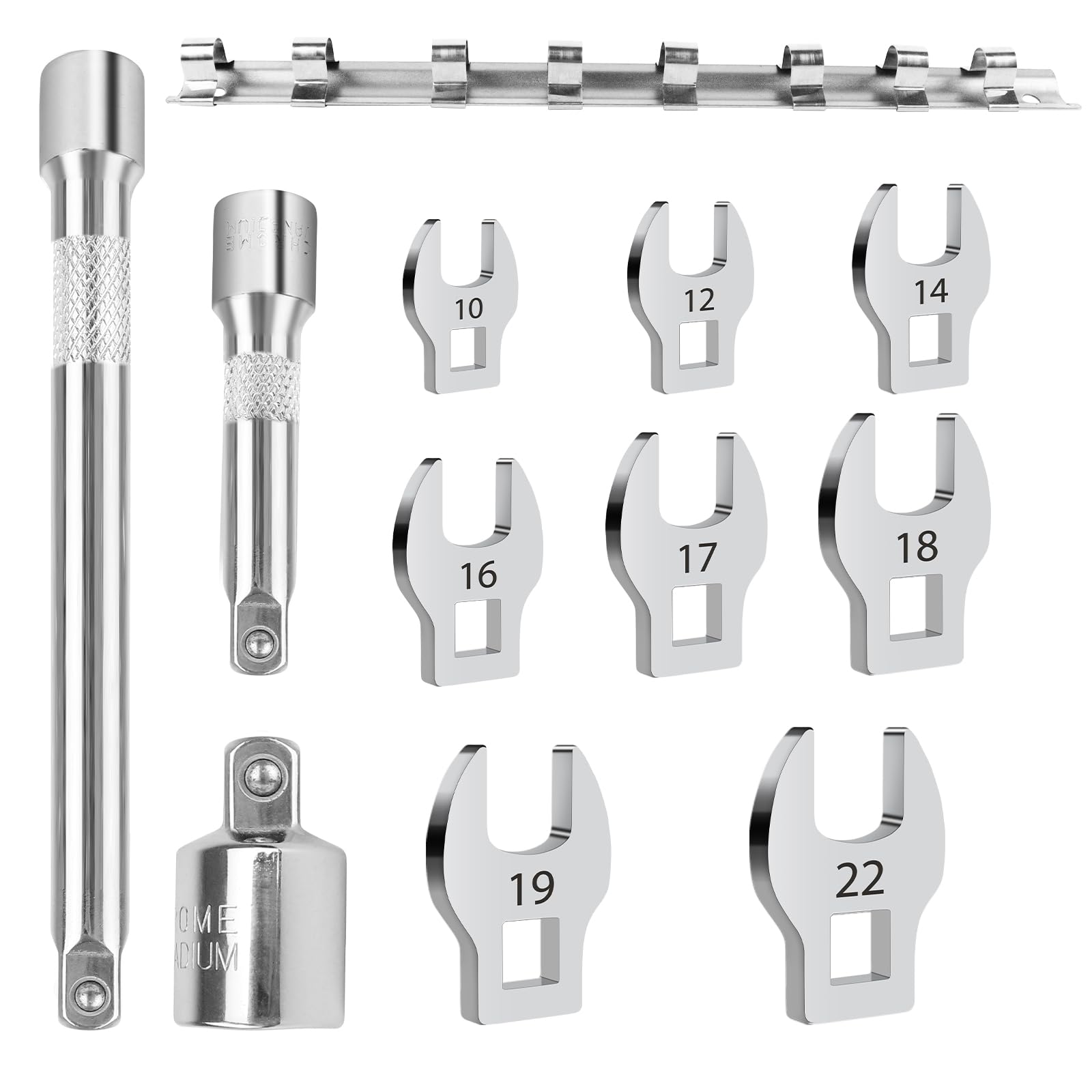 Filltown 11Pcs Crows Foot Spanner Set, Crowfoot Wrench Set, Metric Silver Wrench Heads, 10mm/12mm/14mm/16mm/17mm/18mm/19mm/22mm Replaceable Flare Nut Wrenches Spanners for Fasteners with Sleeve Tools