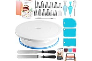 RFAQK 100Pcs Cake Turntable Set - Cake Decorating Supplies Kit with 30 Piping Bags, 12 Numbered Icing Tips, 50 Cupcake Liners, Cake Decorating Tools, 2 Icing Spatula, Scrapper Set