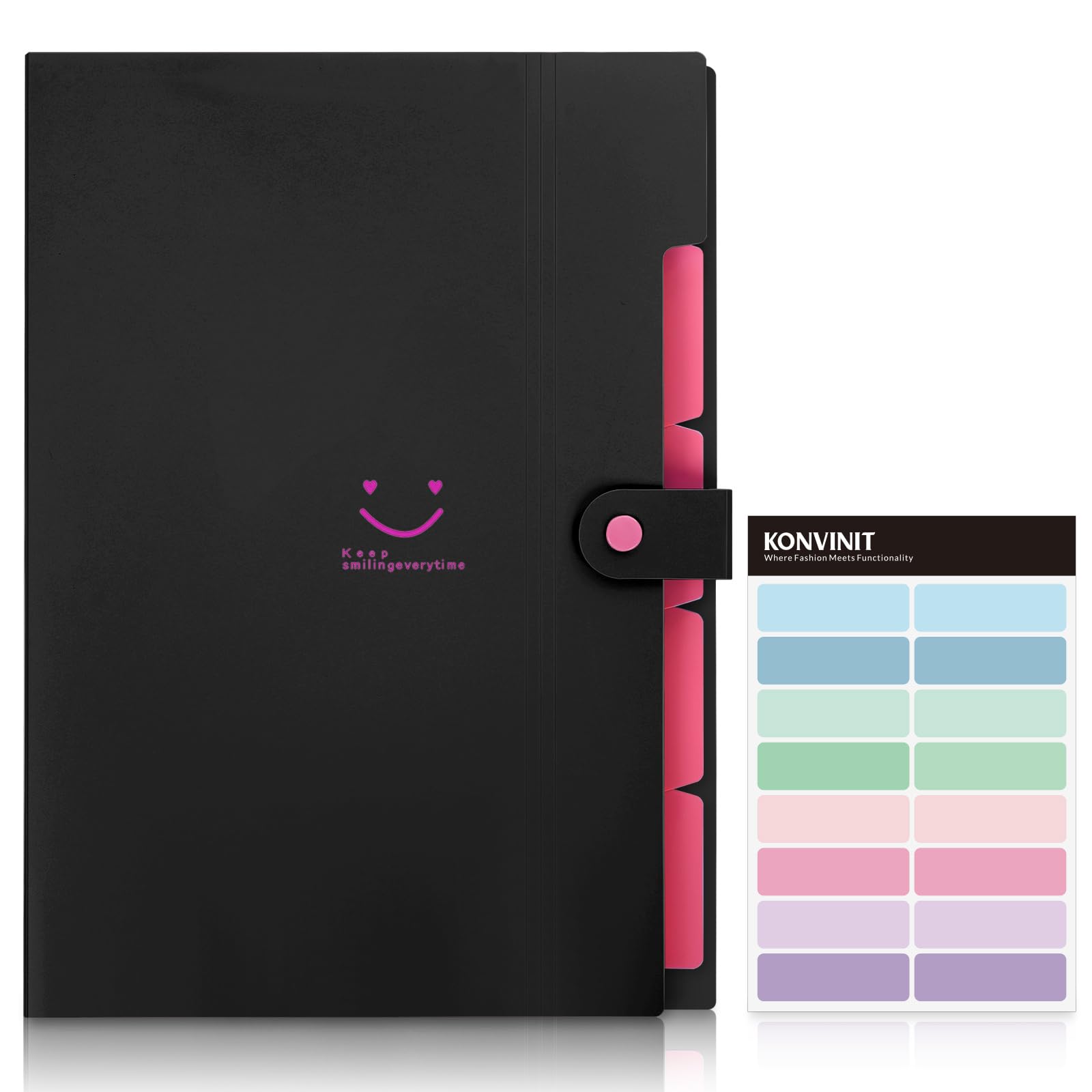 KONVINIT Expanding File Folder A4 File Folder 5 Pockets File Organiser High Capacity with Buckle Closure for Office School Home,Black Cover