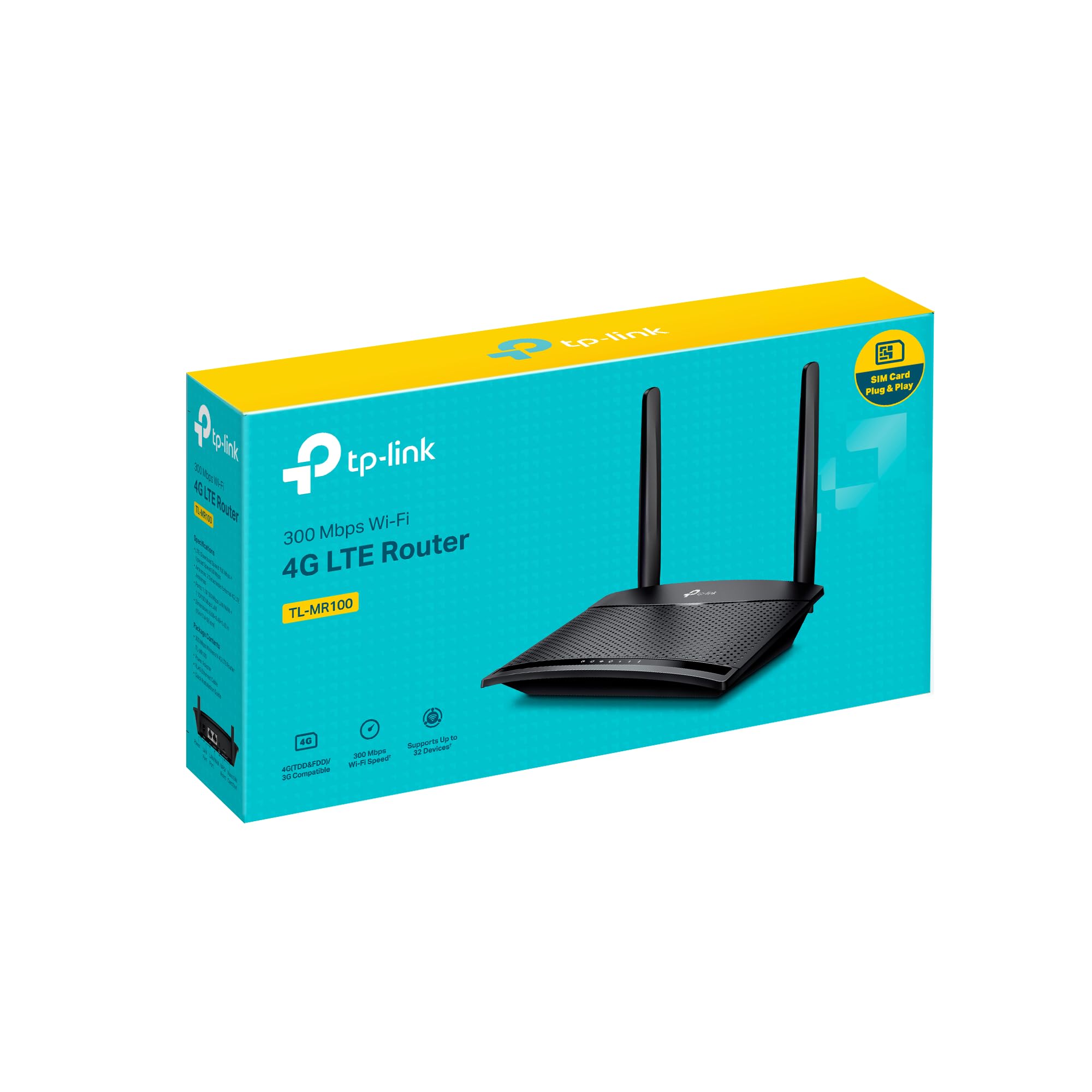 TP-Link TL-MR100 LTE Router, 4G Router Supports SIM Cards, 4G Cat4 up to 150 Mbps, WLAN 2.4GHz N300, 2 x 100 Mbps Ports, Plug and Play, up to 32 Devices, Child Control, Guest Network
