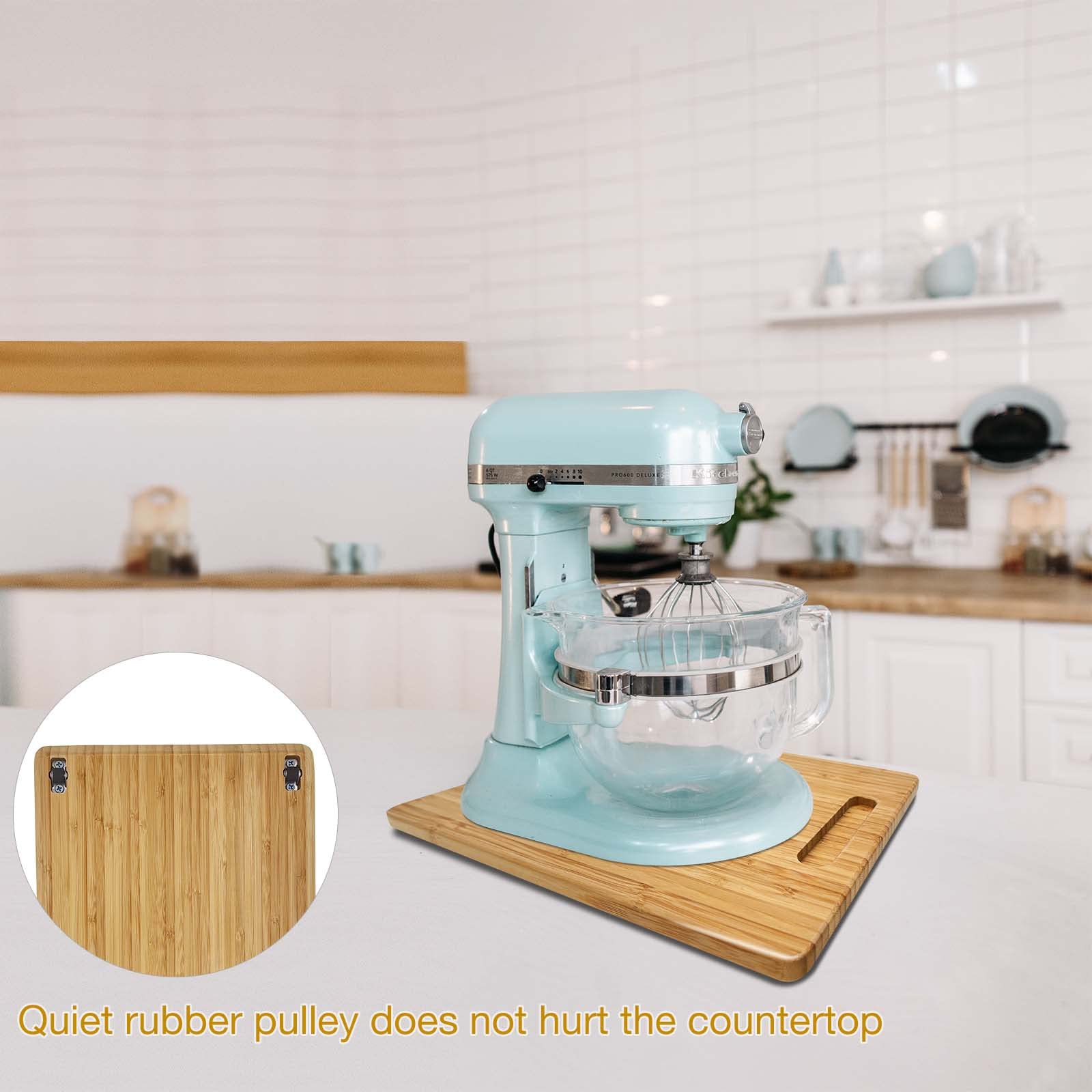 Bayting Bamboo Appliance Sliders for Kitchen Appliances, Sliding Tray with Silent Rubber Wheels for Coffee Maker, Kitchen Countertop Appliance Rolling Tray (Medium 9.5