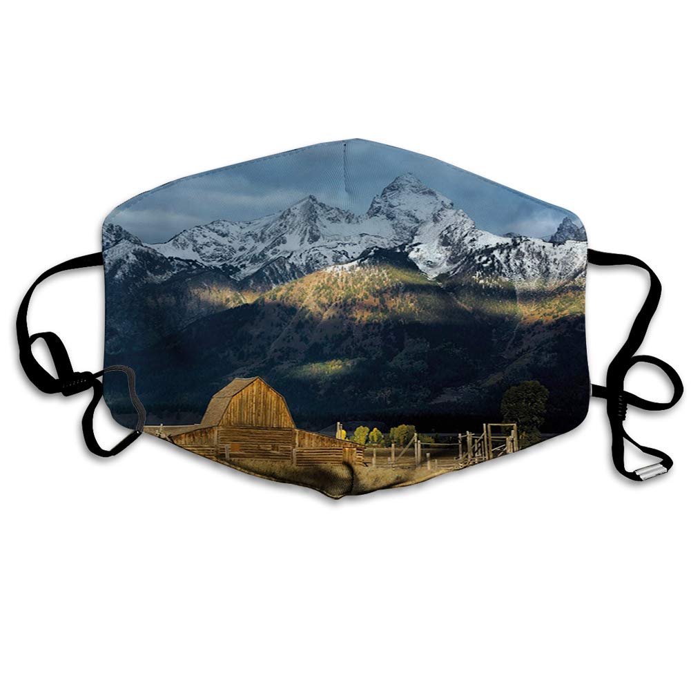 Printed Facial decorations， Panoramic View of Snowy Grand Mountains and Primitive Cottage Rustic Wooden Hut,Comfortable Windproof mask for Seniors and Adults（M）-3591