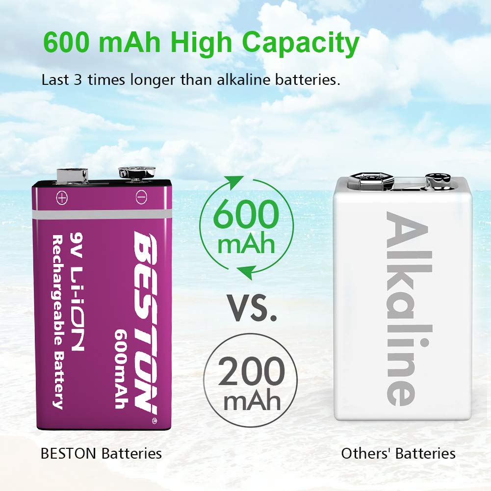 BESTON 9 Volt Rechargeable Lithium Ion Batteries with high Capacity