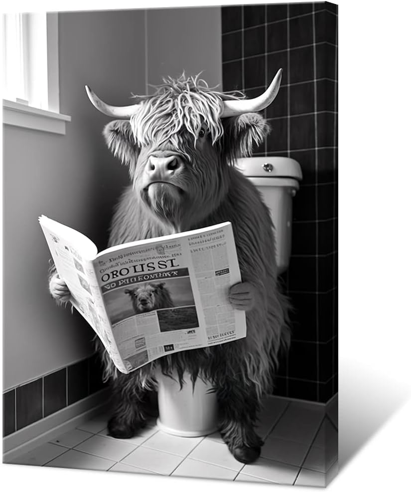 Wall Décor - KOEUIRW Funny Highland Cow Bathroom Canvas Wall Art Black and White Longhorns In Toilet Aesthertic Poster Vintage Cute Animal Print Painting Modern Farmhouse Wall Decor for Bathroom12x16in Unframed