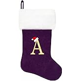20 Inches Monogram Christmas Stockings, Purple Velvet with White Super Soft Plush Cuff Embroidered Letter Christmas Stocking, Personalized Xmas Stocking for Xmas Tree Holiday Fireplace Family Decor（A）