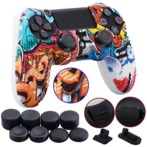 9CDeer 1 Piece of Silicone Studded Water Transfer Protective Sleeve Case Cover Skin + 8 Thumb Grips Analog Caps + 2 dust proof plugs for PS4/Slim/Pro Controller, Graffiti