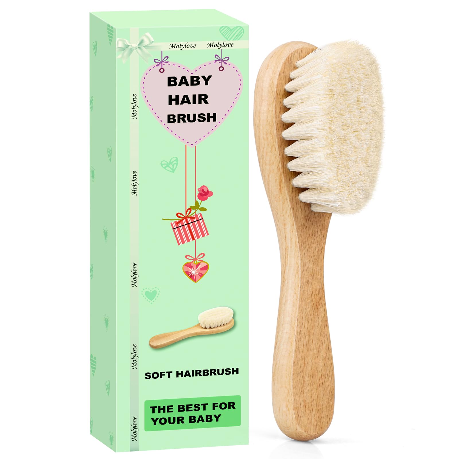 Molylove Baby Hair Brush with Wooden Handle and Super Soft Goat Bristles for Newborns, Infant, Toddlers, Kids