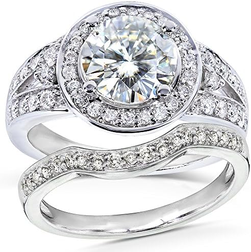 Forever Brilliant Art Deco Round-cut Moissanite and Halo Diamond Bridal Ring Set 2 Carat (ctw) in 14k White Gold