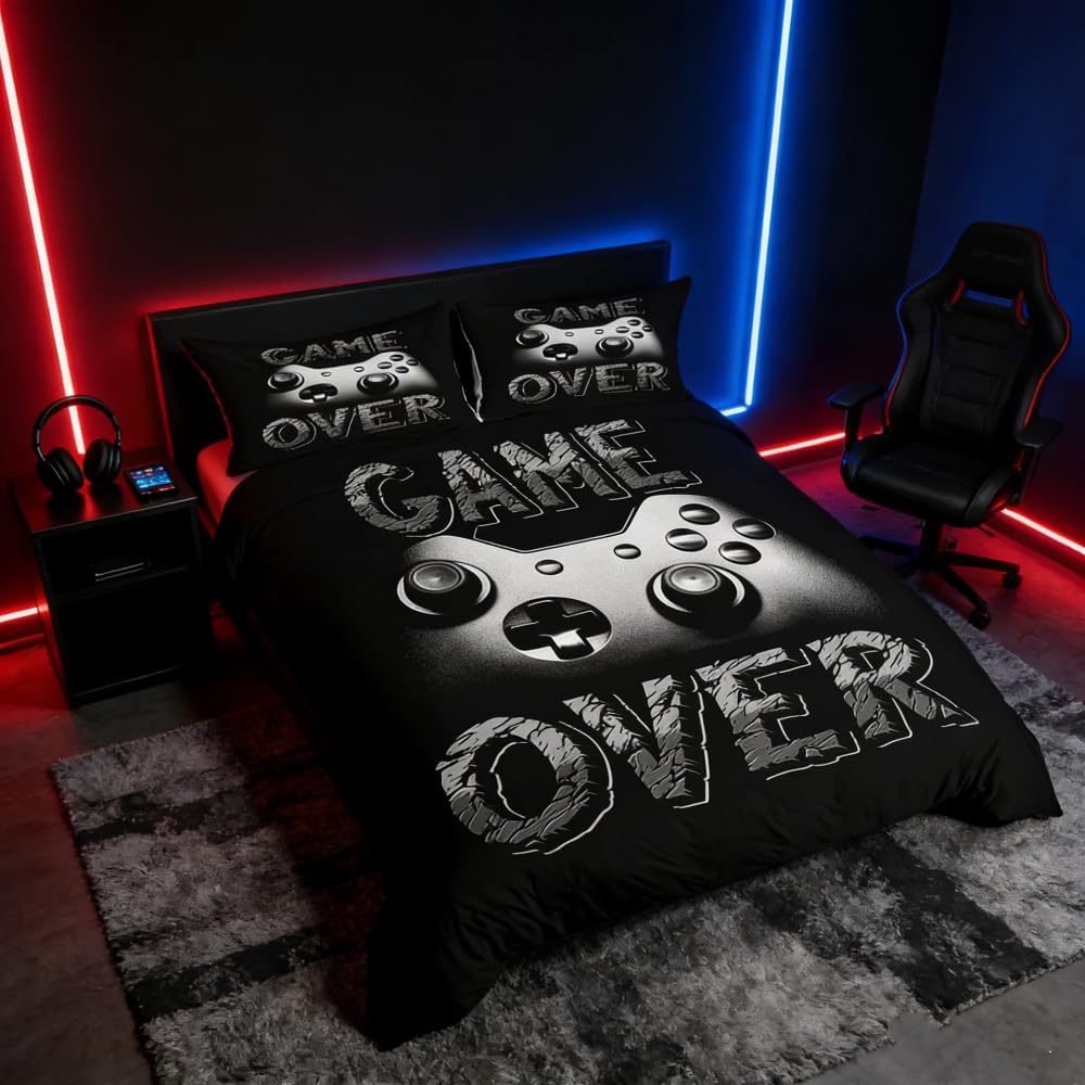 Loussiesd Boys Games Duvet Cover Set Video Game Gamepad Bedding Set For Kids Teens Men Adults Game Controller Comforter Cover Console Quilt Bedroom Collection 2pcs Single Size Black