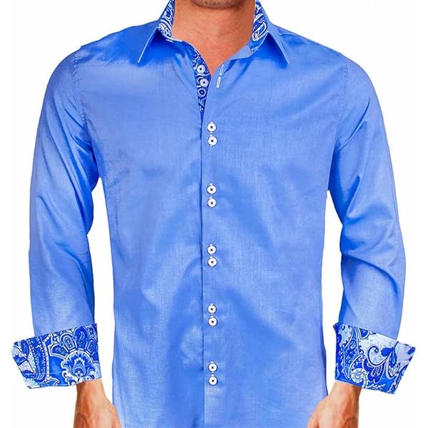 brown and blue dress shirt Jacquard Button Down Blue Shirt W/Brown Trim