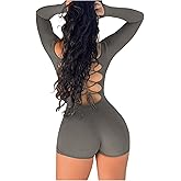 WDIRARA Women's Long Sleeve Bodysuit Shorts Square Neck Bodycon Romper One Piece Outfits