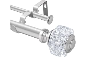 1 Inch Modern Silver Double Curtain Rod for Windows - Tension curtain rods 48 to 84 Inchs with Octagonal Crystal Finial -BHSRODS Home Double Window Rods for Living Room & Bedroom