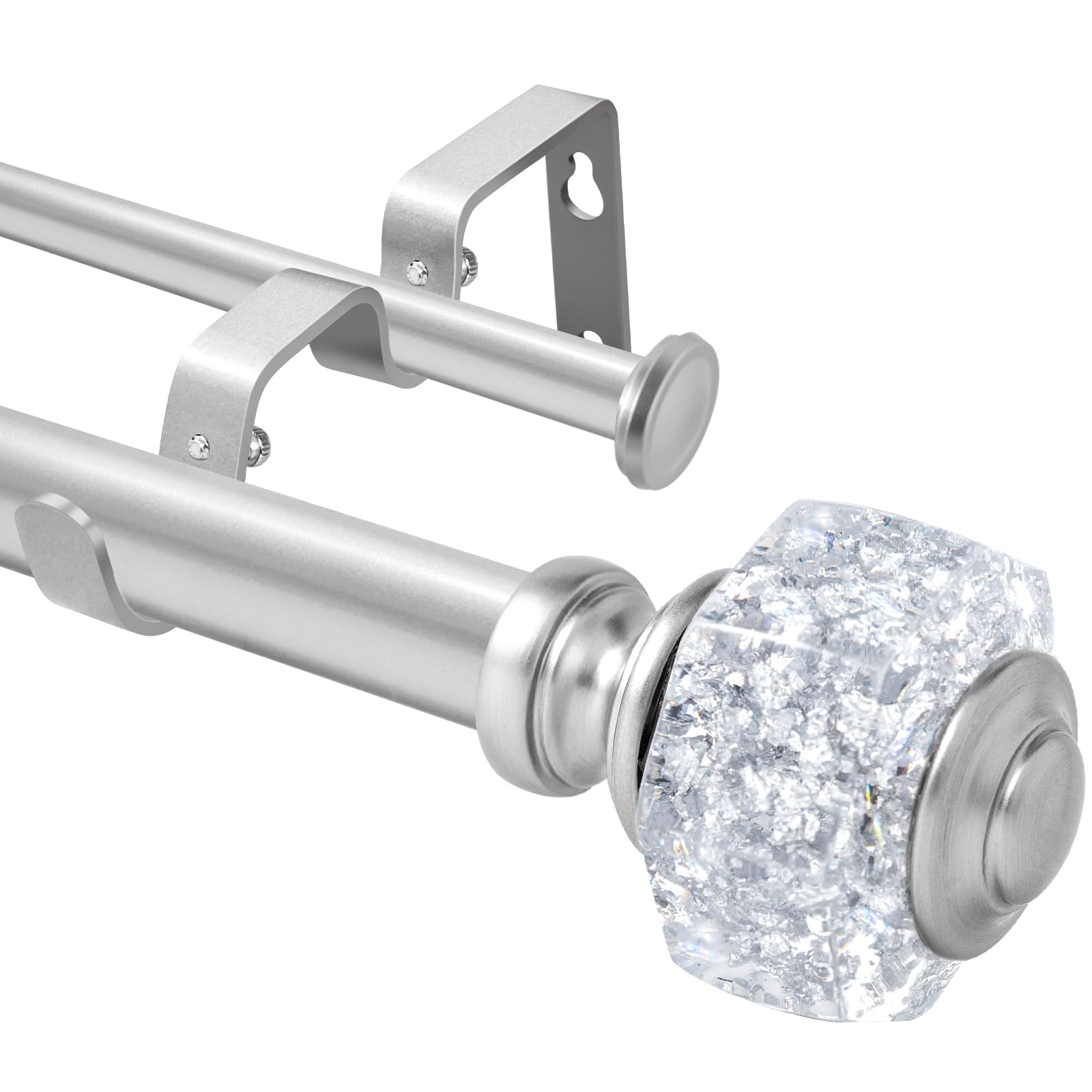 Photo 1 of 1 Inch Modern Silver Double Curtain Rod Set - Tension rods for windows 28 to 48 inchs with Octagonal Crystal Finial -BHSRODS Home Double Window Rods for Living Room & Bedroom