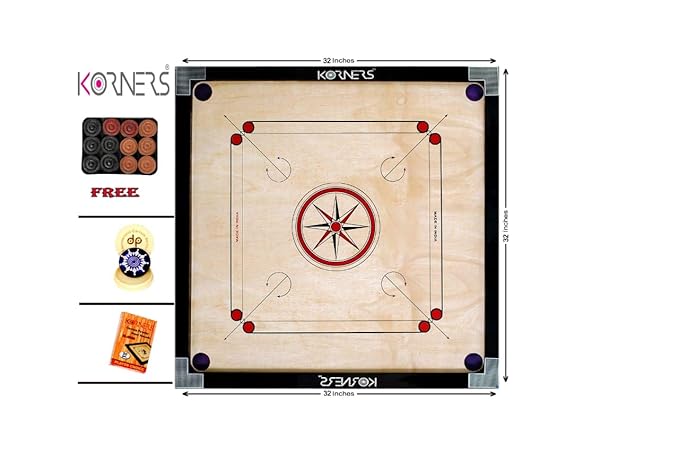 KORNERS Full Size(Large) 32 Inch 4mm Round Pocket Carrom Board with Coins, Striker & Powder