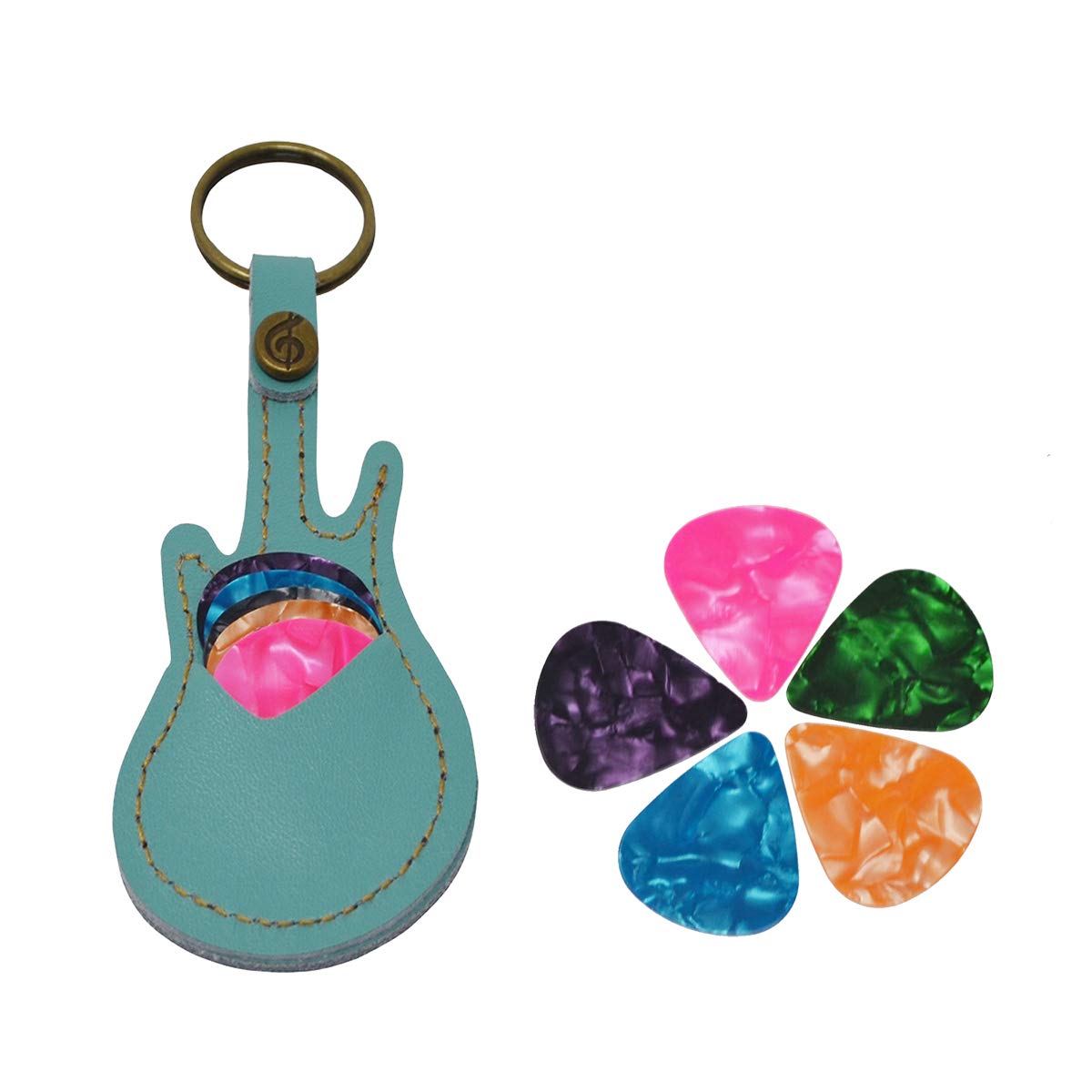 Guitar Pick Holder Leather Keyring Keychain Case for Guitar Pick Bag with 5Pcs Plectrums Gift (Light blue)