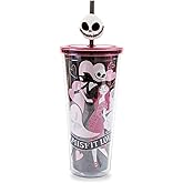 Silver Buffalo Disney The Nightmare Before Christmas Misfit Love Featuring Jack Skellington and Sally Plastic Cold Cup with Lid and Straw Topper, 24 Ounces