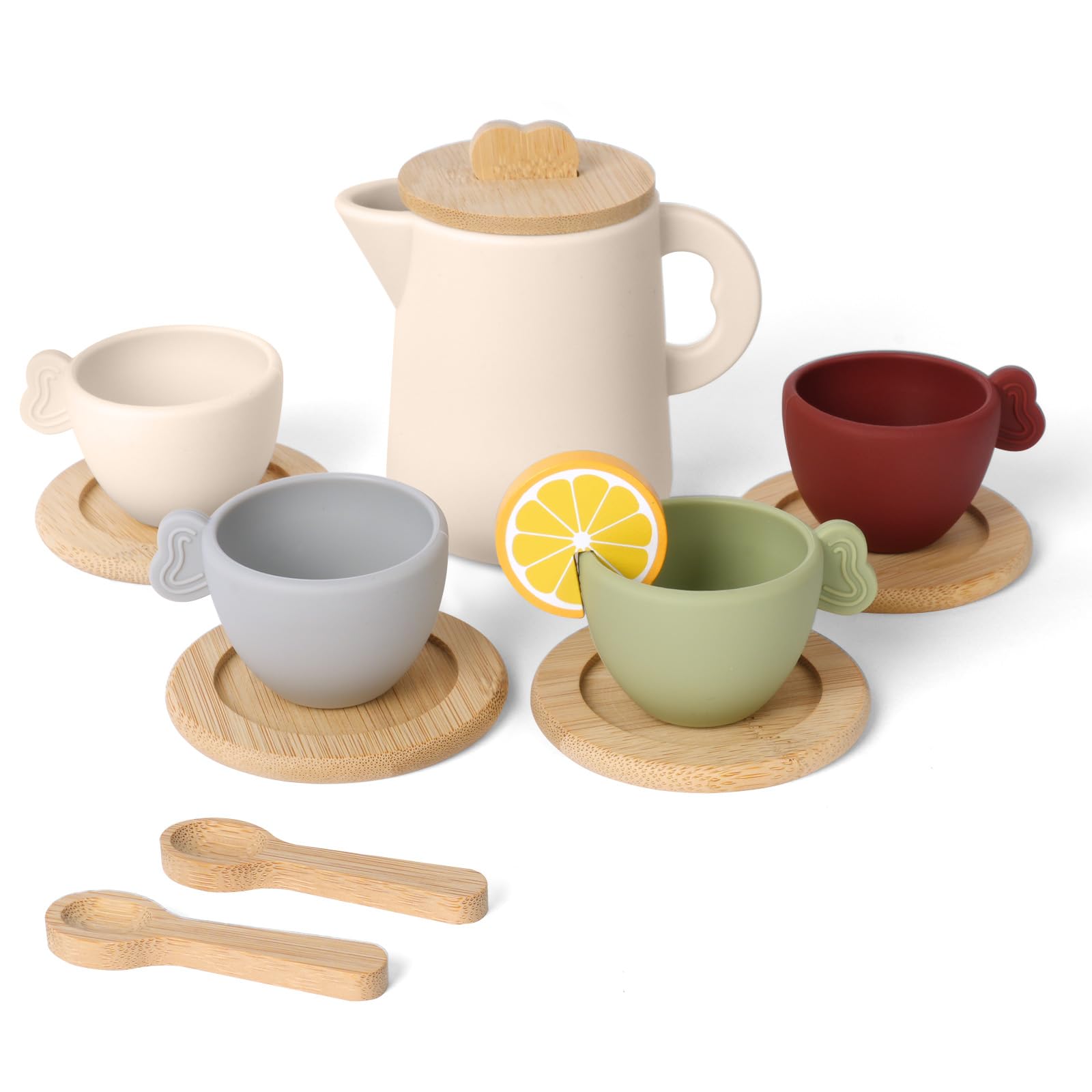 HOTUT Wooden Afternoon Tea Set for Toddlerr,Children Tea Party Set with Cup base and Cups,Dishwasher Safe Tea Set for Toddler,Wooden Tea Set for Toddler,Silicone Tea Party Set for Girls Boys Gifts