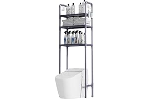 CAEKSALI Over The Toilet Storage, 3-Tier Bathroom Organizer with Metal Shelf, Stable Freestanding Above Toilet Stand with 6 Hooks for Bathroom, Restroom