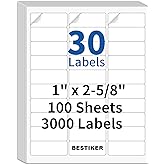 3000 Address Labels, BESTIKER 1” x 2-5/8” Printable Mailing Label for Envelopes, 30up Labels White Stickers for Laser Inkjet Printers, FBA Barcode Label 100 Sheets