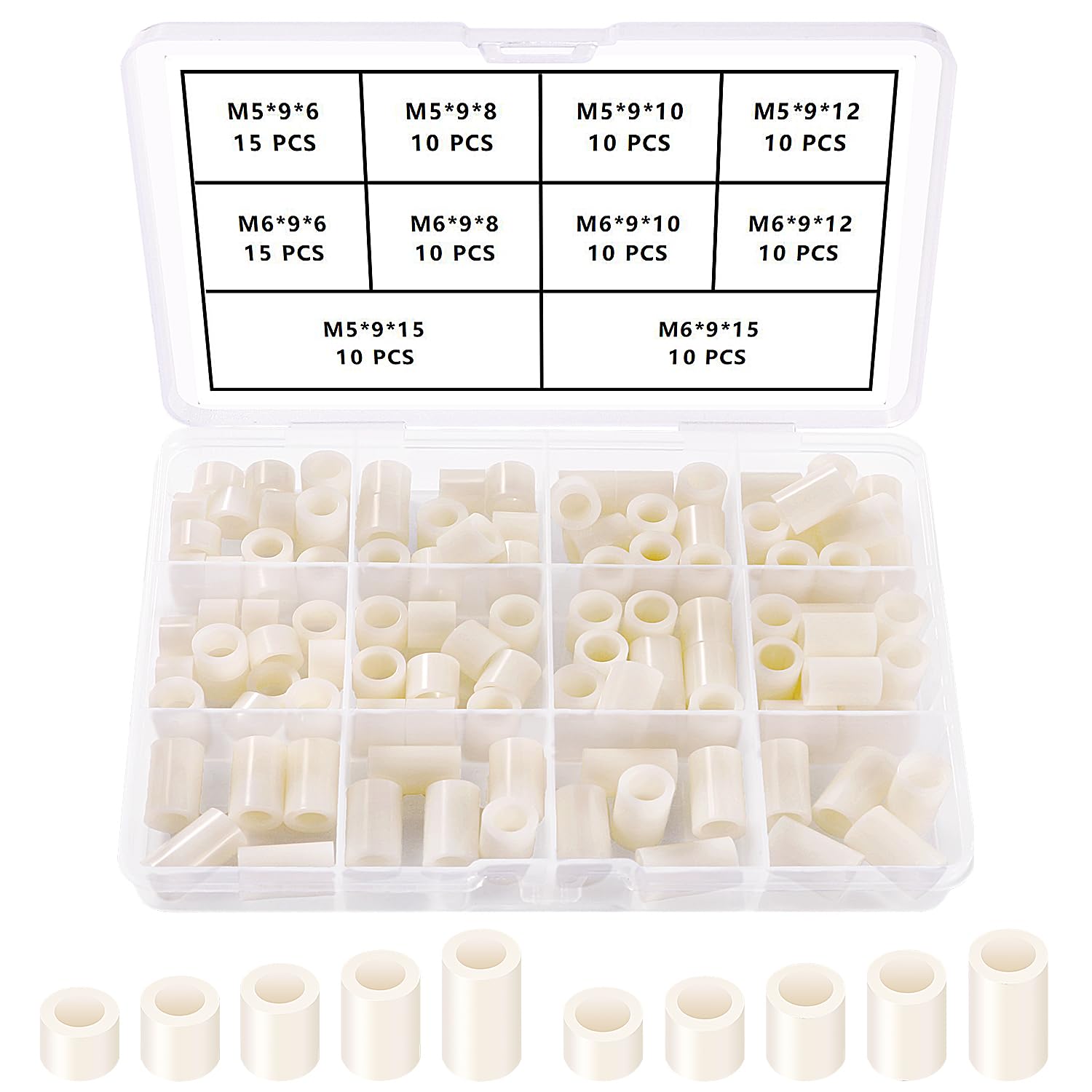 YIXISI 110 PCS ABS Round Spacer Assortment Kit, for M5 / M6 Screws, Non Threaded Column Standoff Support Spacer, OD 9mm, White