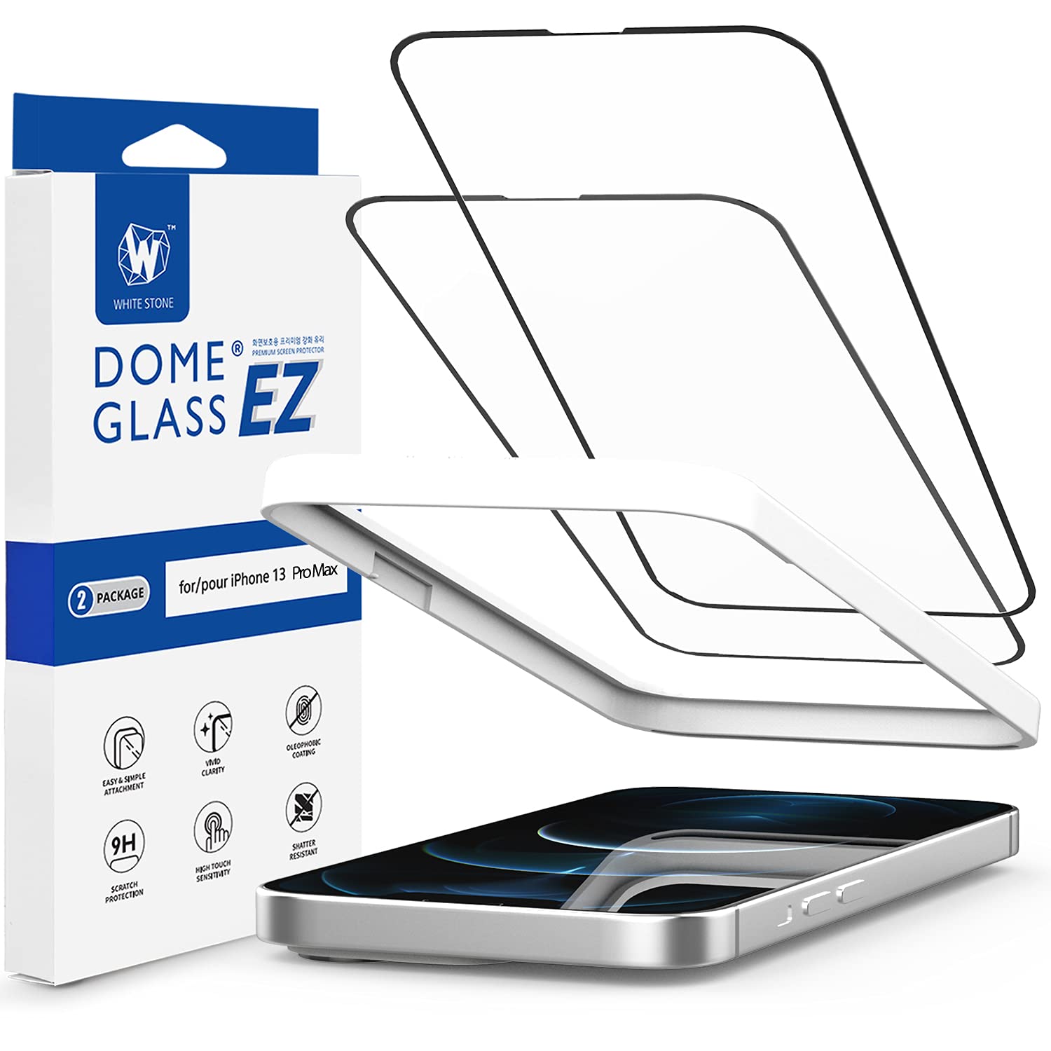 Whitestone Dome Glass EZ screen protector for iPhone 13 Pro Max (6.7") Full Coverage Tempered Glass Shield [Easy Install] by Whitestone for Apple iPhone 13 Pro Max - Two Pack