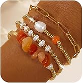 Bohxantium Gold Beaded Bracelets for Women Handmade Pearl Colorful Crystal Paperclip Link Chain Bracelet Stack Stretch Elastic Boho 14K Gold Plated Beads Stackable Trendy Jewelry Friendship Gift