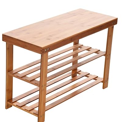 Leadmall 3-Tier Bamboo Shoe Rack Entryway Bench with Seat, Brown