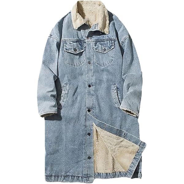 Men Thick Winter Long Parka Denim Jacket Fleece Jeans Zipper