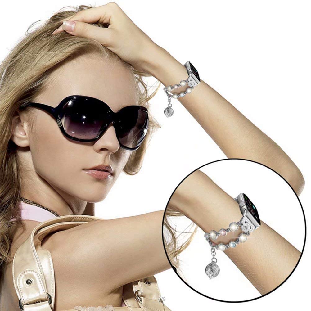 Handmade Bracelet Watch Band Strap Wristband 38mm/40mm Series 5 4 3 2 1, Crystal Pearl Night Luminous Strap Beads, for Women Girls 5.5-7 inch (Silver)